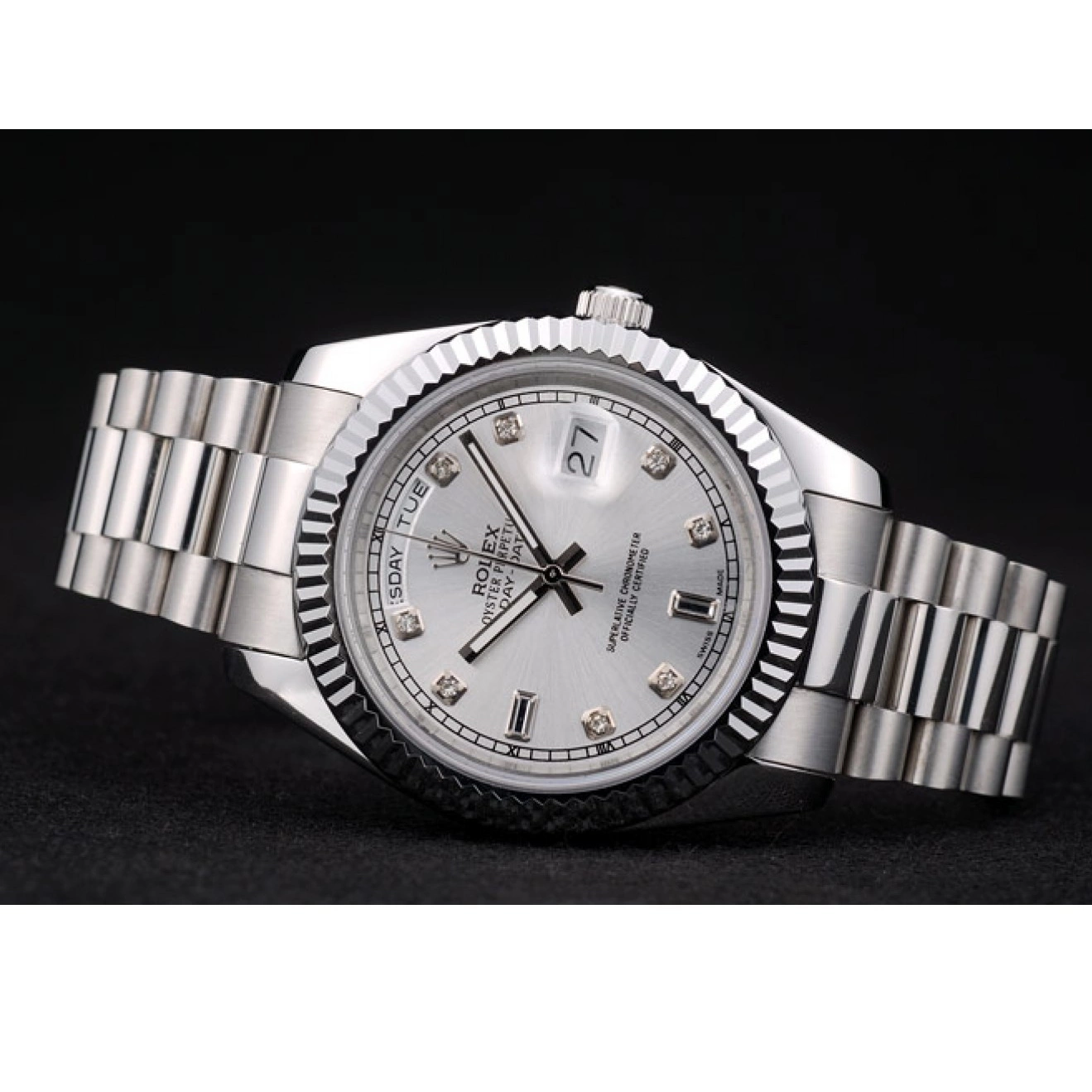 Aaa replica watch Bezel Rolex Swiss Ribbed Silver 41995 DayDate Stainless Steel Dial 0801